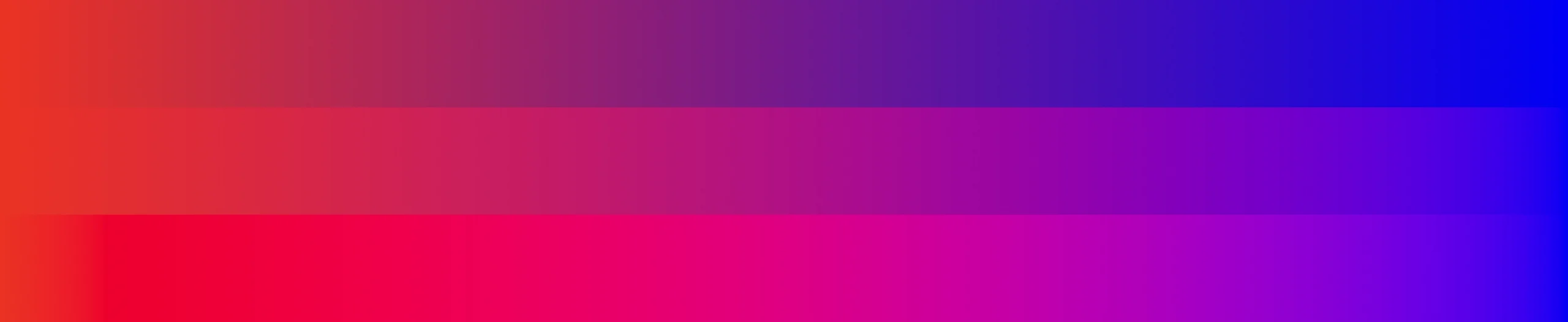 Three stripes of red to purple gradients showing interpolation differences for sRGB, LAB, and LCH color spaces