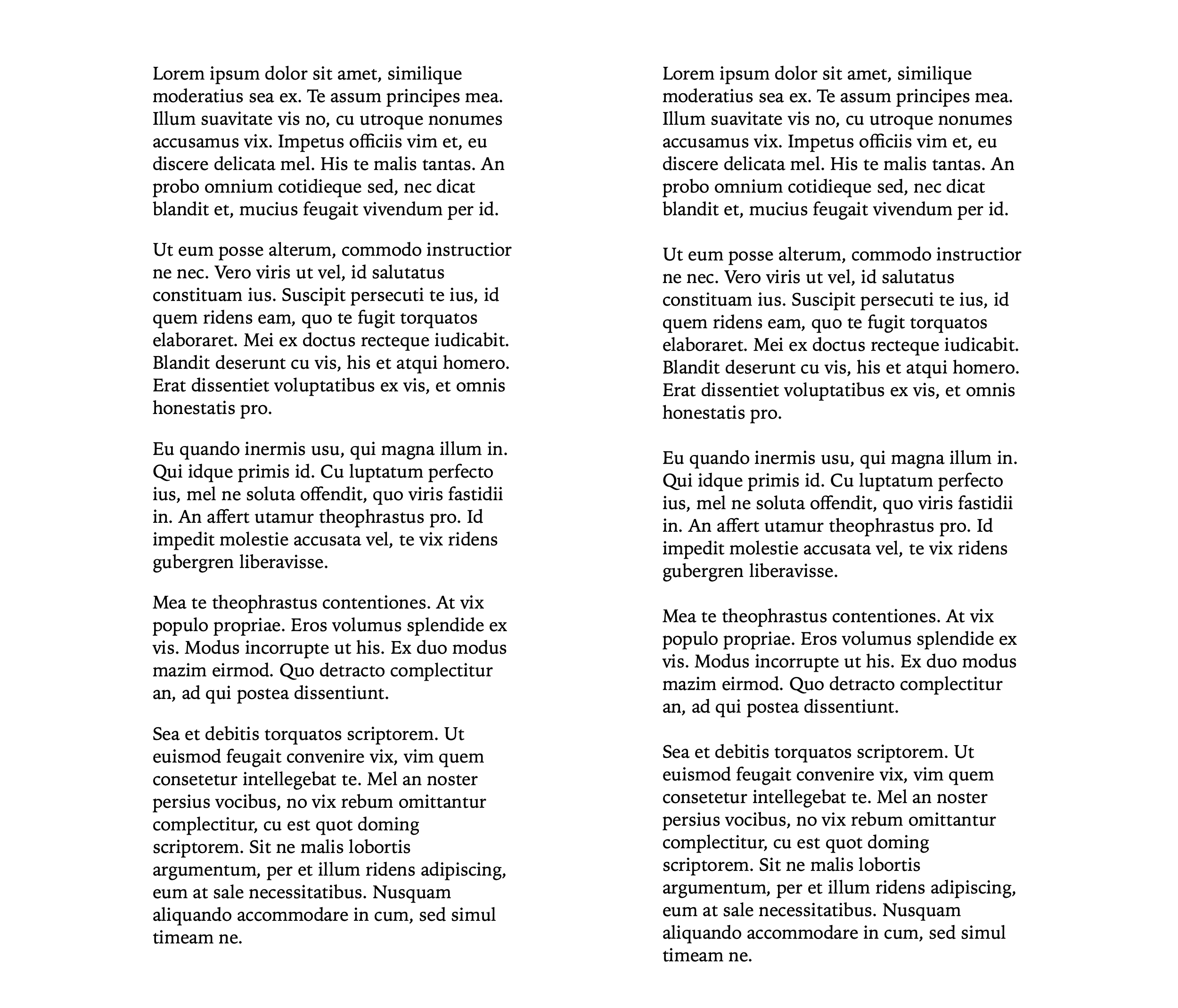 Two example articles typeset side-by-side. The one on the right has a bit more space between each paragraph.